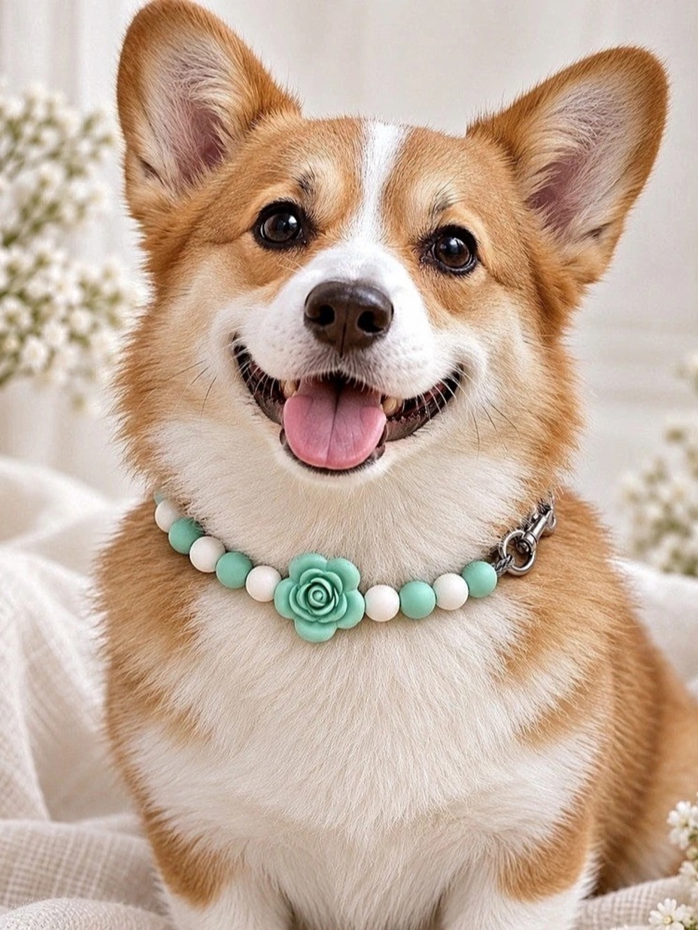 Posh Puppy Boutique Beaded Dog Collar with Rose in Green & White NWT